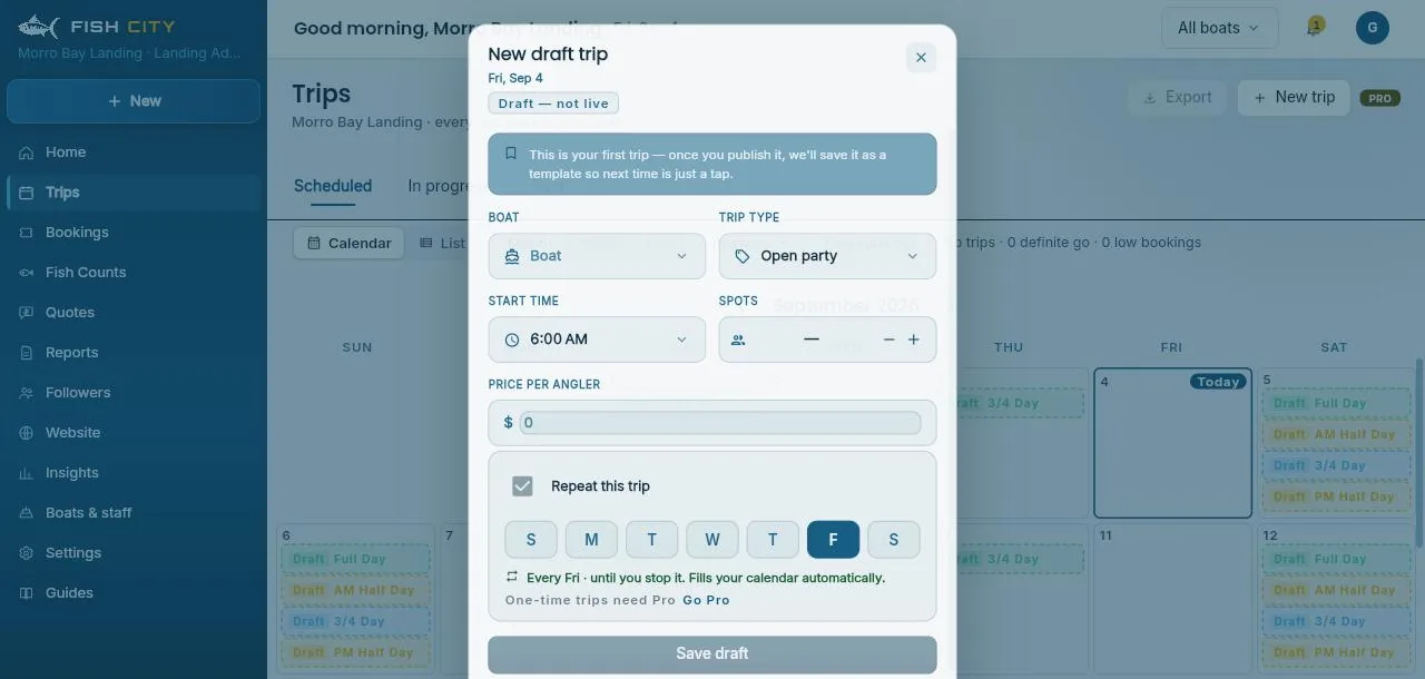 Screenshot of the Fish City Portal new trip form with boat, trip type, start time, spots, price, and repeat options